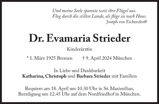 Traueranzeige von Evamaria Strieder von Süddeutsche Zeitung