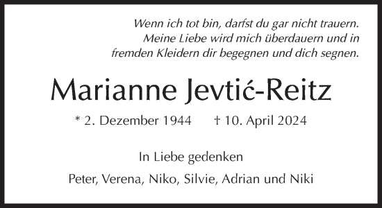 Traueranzeige von Marianne Jevtic-Reitz von Süddeutsche Zeitung